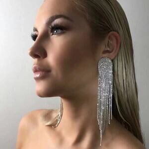 Silver Elegant Long‎ Chandelier Rhinestone Tassel Drop Bling Earrings